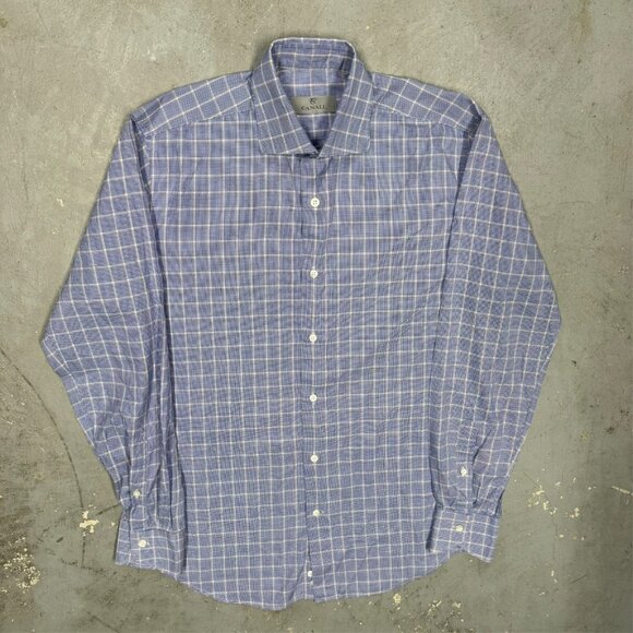 Canali Dress Shirt Current Check Houndstooth Italy Cotton Blue 14 1/2 Small - Picture 2 of 9